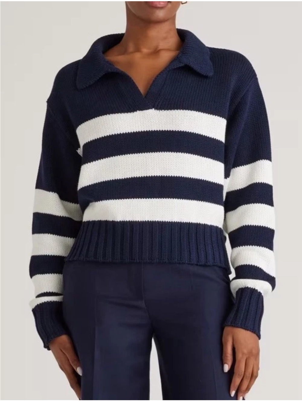Quince Organic Cropped Cotton Polo Sweater Navy White Small S Nautical V-Neck